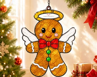 Gingerbread Angel Acrylic Suncatcher, Christmas Window Hanging Ornament, Stained Glass Style Xmas Decor, Holiday Gift for Home Wall Art Xmas