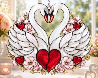 Swan Heart Acrylic Suncatcher, Romantic Swan Window Hanging, Stained Glass Style Love Decor, Anniversary Wedding Valentine Gift For Couples