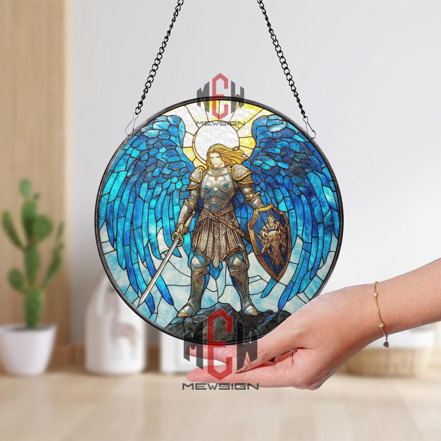 Stained Glass Archangel Suncatcher – Warrior Angel Window Hanging