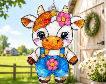 Cute Cow Acrylic Suncatcher, Cow With Overalls Window Hanging Decor, Farm Animal Stained Glass Style, Farmhouse Cow Lover Gift For Her