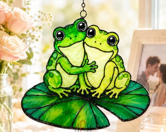 Frog Couple Acrylic Suncatcher, Water Lily Window Hanging, Cute Frogs Leaf Art, Cottagecore Anniversary Gift For Her, Garden Window Decor