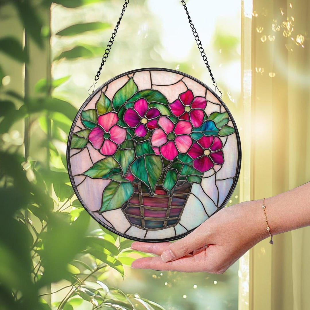 Hibiscus Flowers Vase Glass Window Hanging, Tropical Floral