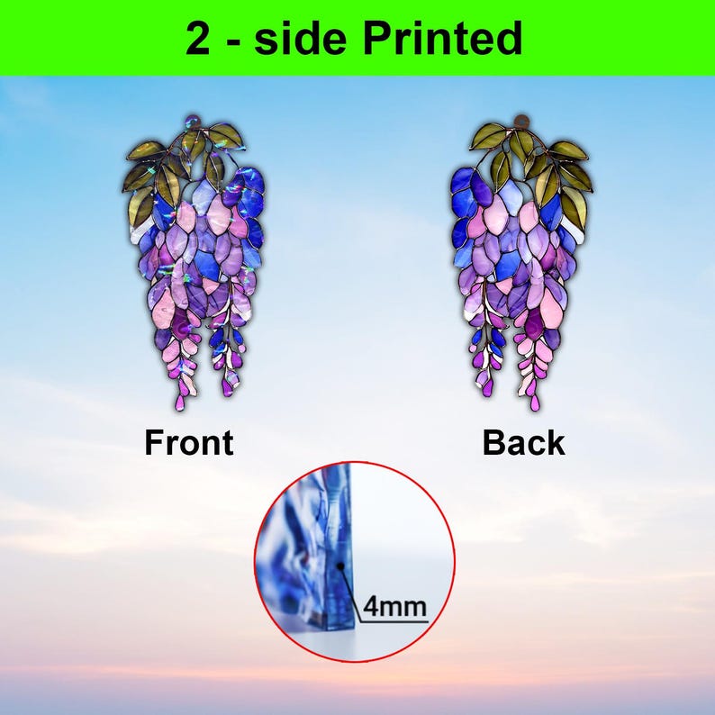 Pu&ograve; includere: Design di glicine stampato su due lati. Sono mostrati il fronte e il retro del glicine, con un primo piano dello spessore di 4 mm. Il glicine presenta petali viola, blu e rosa con foglie verdi. Il testo "2 - side Printed" &egrave; in alto.