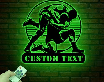 Letrero metálico de lucha libre personalizado con luces LED: arte mural personalizado con nombre de luchador, decoración para habitación de artes marciales, regalo para aficionados al deporte, letrero para habitación de niño