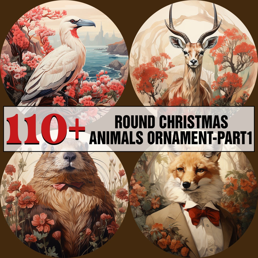 110 Round Christmas Animals Ornament Bundle PNG Sublimation Design ...