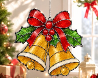 Christmas Bells Acrylic Suncatcher, Stained Glass Style Window Hanging Decor, Holiday Bell Ornament, Festive Xmas Gift