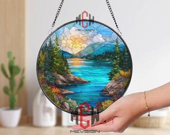 Mountain Lake Sunset Stained Glass Suncatcher, Colorful Nature Landscape Round Window Hanging, Cabin or Lodge Decor Gift