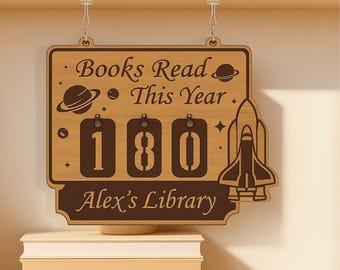 Books Read This Year Tracker – Space Shuttle and Planets Design, Unique Gift for Readers, Cosmic Bookshelf Counter, Yearly Reading Challenge