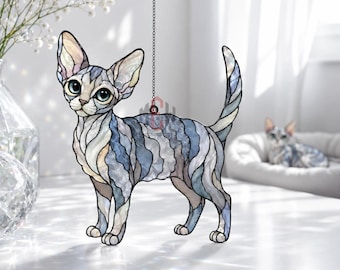Devon Rex Cat Acrylic Suncatcher, Stained Glass Style Cat Window Hanging, Big Ear Curly Cat Lover Gift, Cat Mom Pet Memorial Decor Ornament