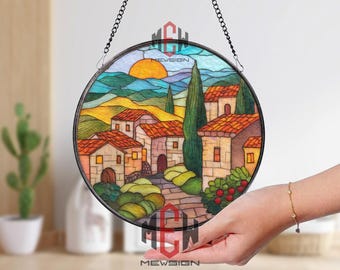Tuscan Village Stained Glass Suncatcher, Vibrant Italian