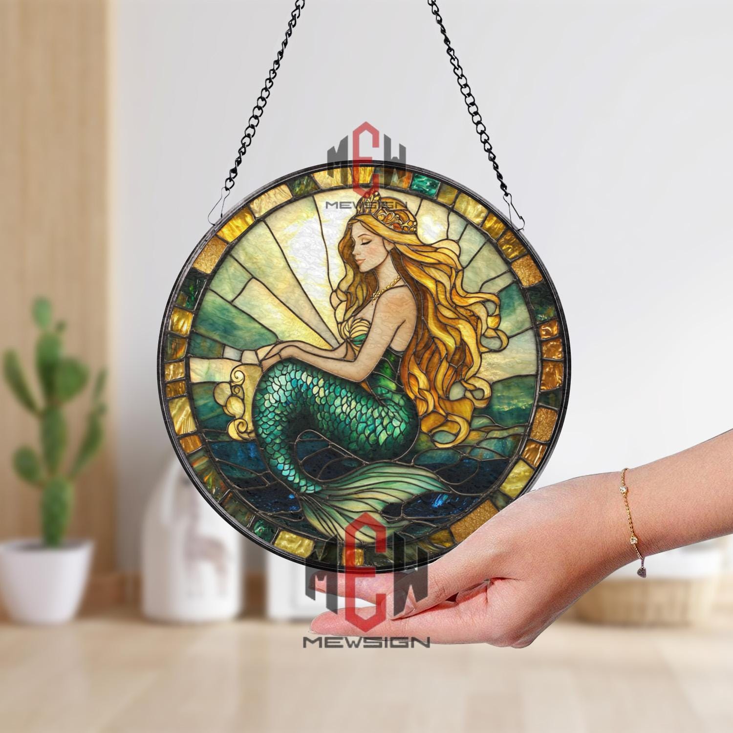 Mermaid Stained Glass Suncatcher, Ocean Fantasy Window Hanging