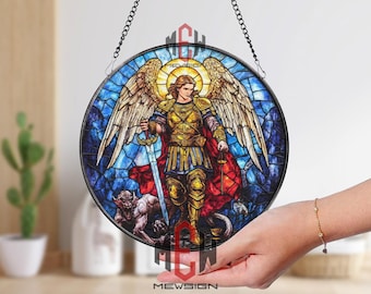 Archangel Michael Stained Glass Suncatcher, Warrior Angel Window Panel, Spiritual Protection Decor, Christian Religious Gift
