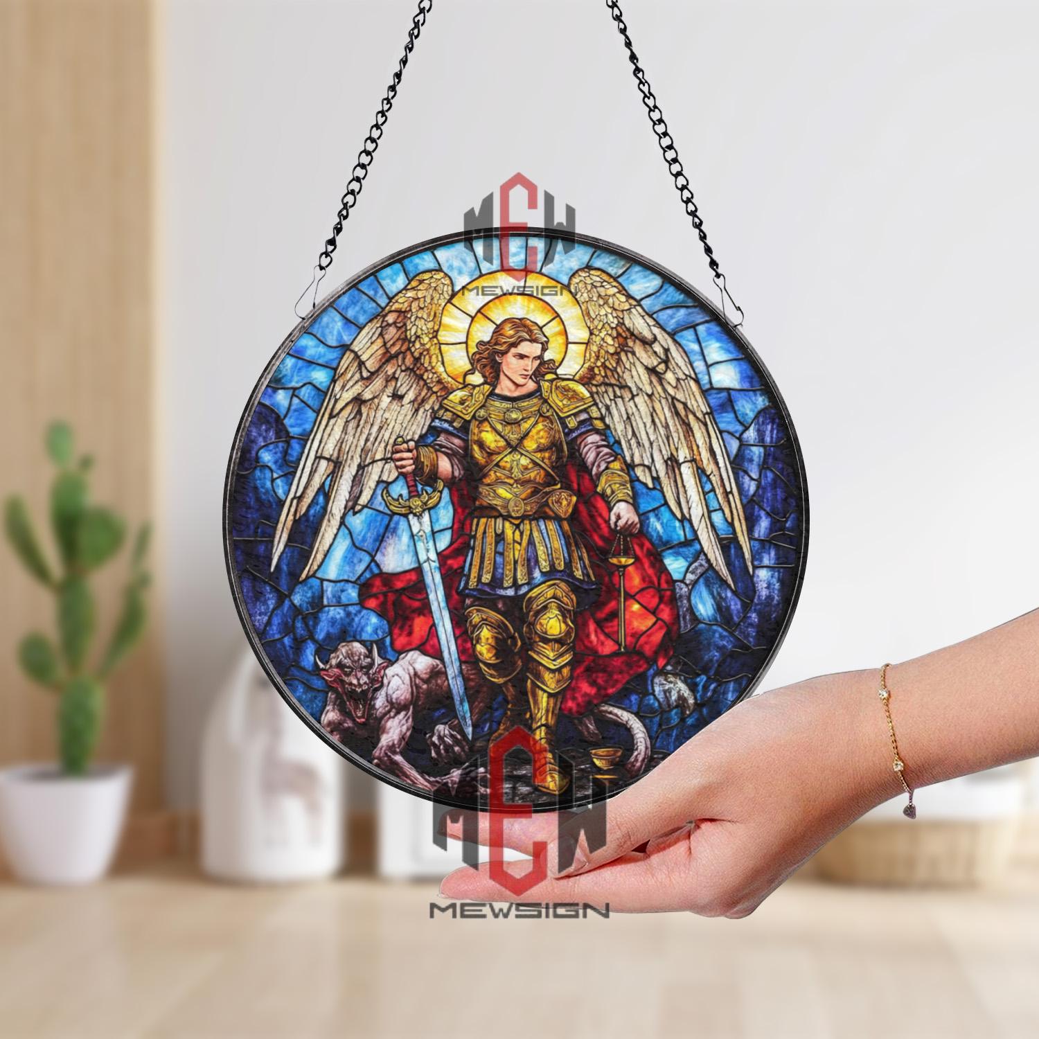 Archangel Michael Stained Glass Suncatcher, Warrior Angel Window