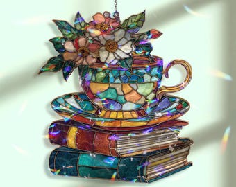 Teacup with Flowers Acrylic Suncatcher, Stained Glass Style Books and Tea Window Hanging, Cozy Cottagecore Reading Lover Gift Decor