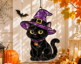 Black Cat Witch Hat Acrylic Suncatcher, Halloween Stained Glass Style Window Hanging, Cute Witchy Cat Decor, Spooky Cat Gift