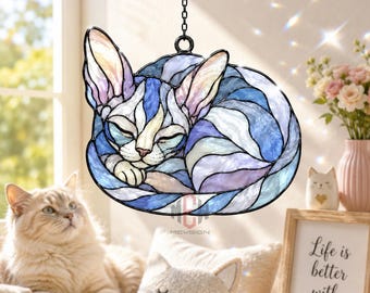 Devon Rex Cat Acrylic Suncatcher, Stained Glass Cat Window Hanging Decor, Big Ear Curly Cat Lover Gift, Cat Mom Memorial Ornament Home Decor