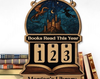 Books Read This Year Tracker – Dragon and Wizard Reading Sign, Fantasy Castle Wooden Library Counter, Magical Book Lover Gift Decor