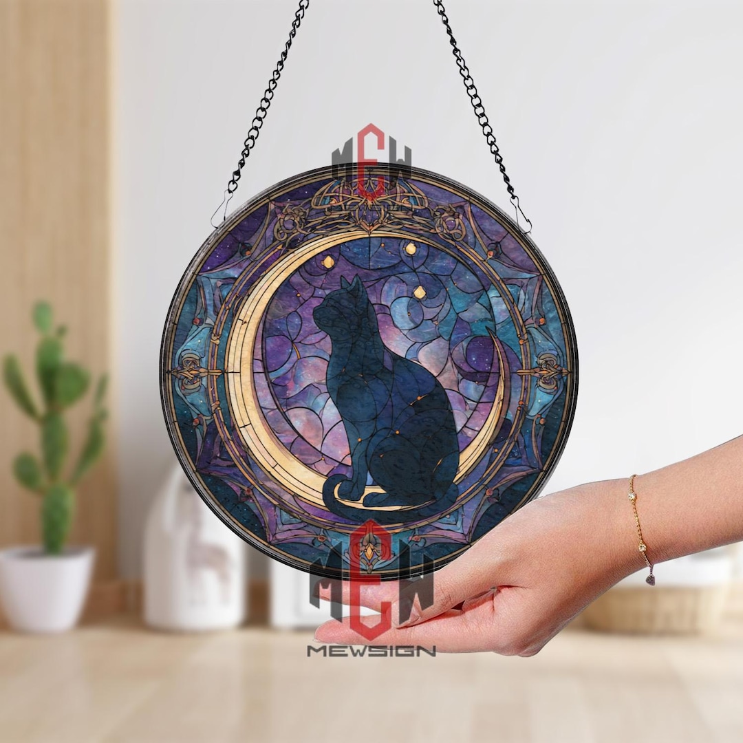 Black Cat Moon Stained Glass Suncatcher, Celestial Night Sky Window Art ...