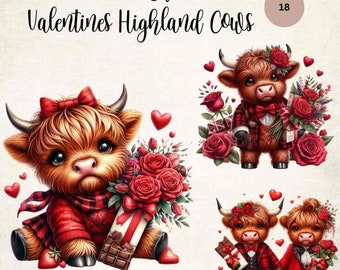 18 Valentinstag Highland Highland Kühe | Highland Kuh Pärchen| Clipart-Bundle | Valentinstag Sublimation | Valentinstag Clipart | Florale Highland Kuh