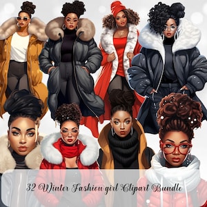 32 Minimalist Winter Black Woman Fashion Clipart| Winter Time Illustration| Winter black woman clipart png| Snow Season| Junk Journal