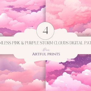 May include: Seamless digital pattern featuring pink and purple storm clouds. The pattern is perfect for creating backgrounds, wrapping paper, or fabric designs. The text "Seamless Pink & Purple Storm Clouds Digital Pattern" is displayed on a white banner.
