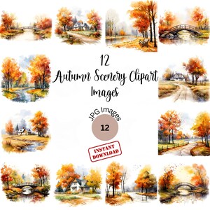 Splendidi paesaggi autunnali/Immagini clipart del paesaggio autunnale dell'acquerello/Immagini clipart della stagione autunnale dell'acquerello con uso commerciale