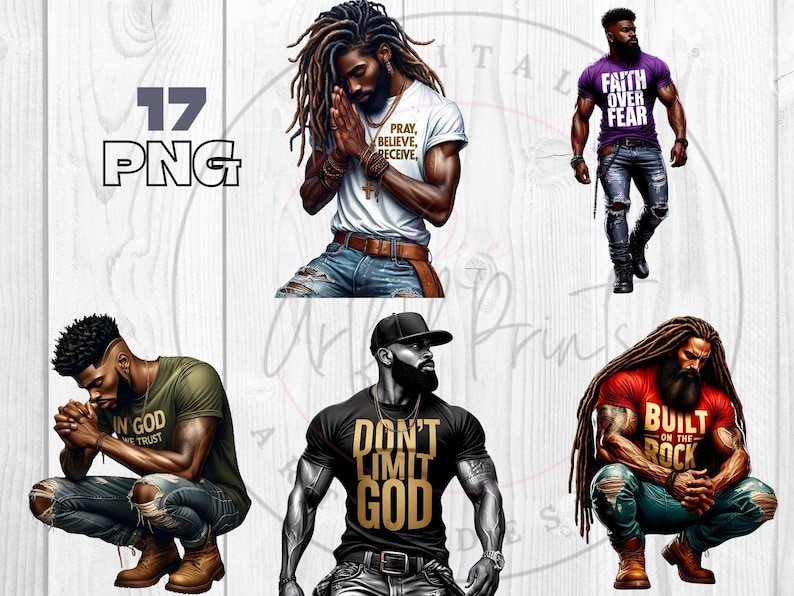 May include: Digital art print set featuring four black men with different inspirational quotes. The quotes are "Pray, Believe, Receive", "Faith Over Fear", "Don't Limit God", and "Built on the Rock".