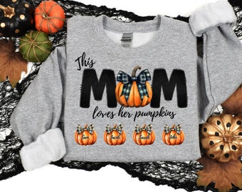 This Mama Loves her Pumpkins PNG, add your own names, Fall PNG, TShirt for Fall, TShirt for Mama, Customizable Coquette Pumpkin Design