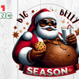 Black Santa Big Belly Season png, Clipart de Papai Noel, Ilustrações engraçadas de Natal, Arte festiva de Natal, Download digital instantâneo