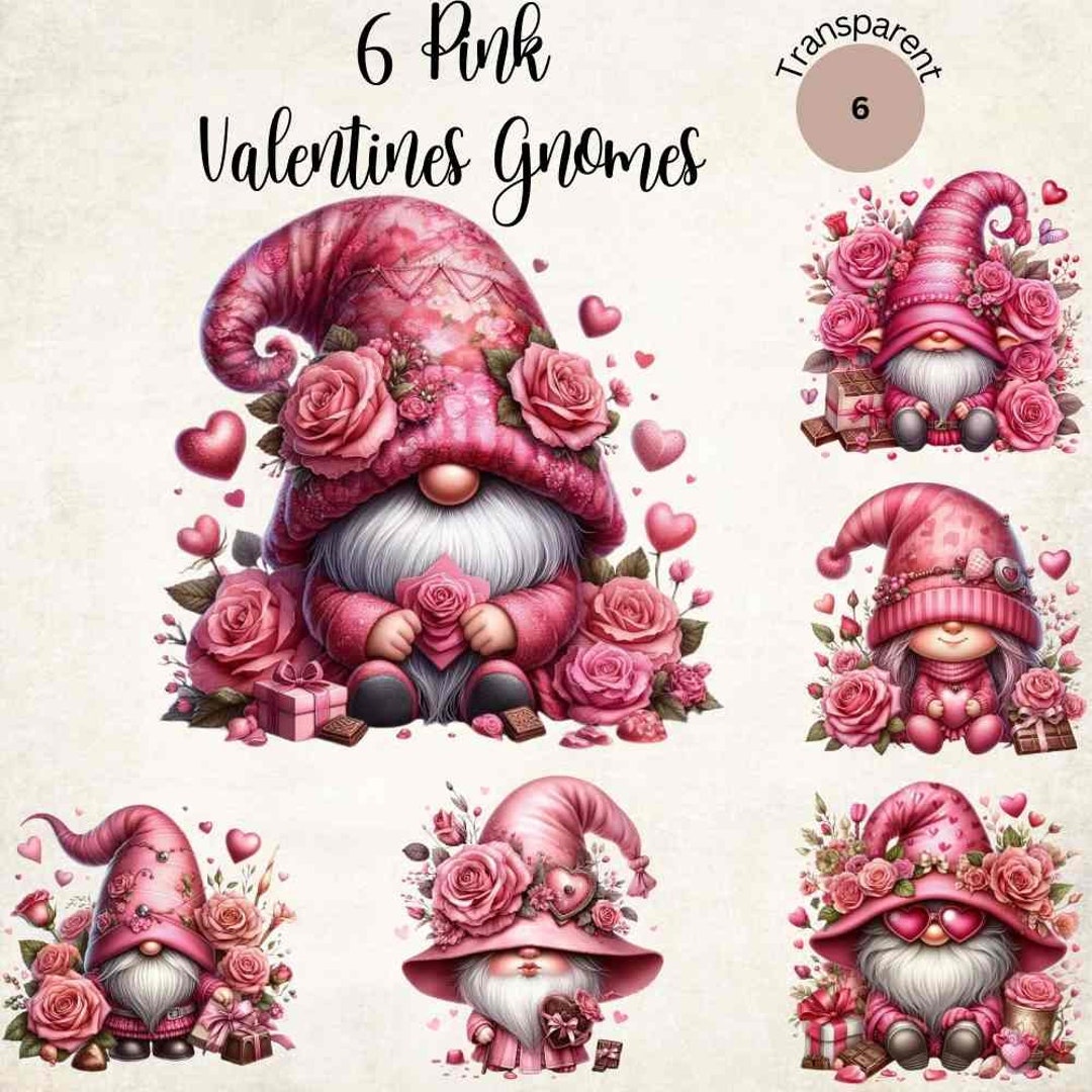 6 Watercolor Valentines Gnomes Clipart| Pink Gnomes PNG| Valentines Day ...