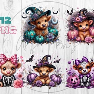 ハロウィーンのハイランド牛のクリップアート、魔女のハイランド牛、かわいい魔女の png、不気味な、かわいい牛の png、ハイランド牛のグラフィック、ピンク、紫、青緑の牛