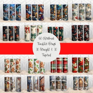 Modèles de sublimation de gobelets de Noël, lot de gobelets maigres 20 oz, maison en pain d'épice, vitrail, rue de Noël, biscuits, lot de squelettes