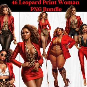 May include: A digital illustration set of 46 images featuring women wearing red blazers and leopard print clothing. The women are depicted in various poses and styles.