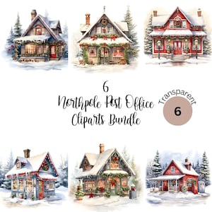 Aquarel Noordpoolpostkantoor | Wintertaferelen Aquarel| JPG-afbeeldingen voor scrapbookingateliers, digitaal dagboek, commercieel gebruik