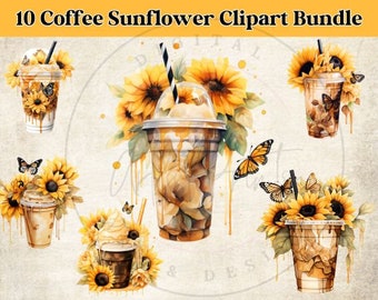 10 Watercolor Sunflower coffee cups png sublimation design, Sunflowers and butterflies png, Commercial use