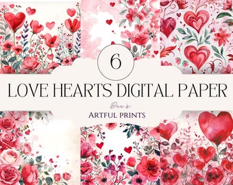 Valentijnsdag Love Hearts digitaal papier| hou van plakboekpapier| Valentijn patroon harten afdrukbaar papier commercieel gebruik