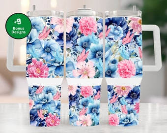 Watercolour blue and pink floral 40oz tumbler wraps, Sublimation design templates, 40 oz floral png Digital download. Clipart download.