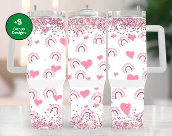 Pink Boho Rainbow Mama 40oz Quencher Tumbler wrap Png, regalo per la festa della mamma, design digitale boho, glitter rosa, sublimazione png, cuori, mamma