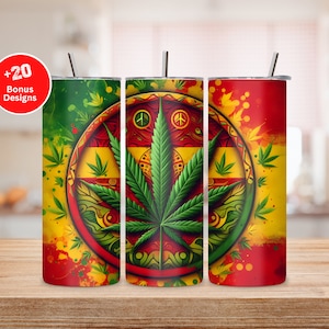 May include: Three stainless steel tumblers with a colorful design featuring a marijuana leaf inside a circle with peace signs. The background is a mix of red, yellow, and green.
