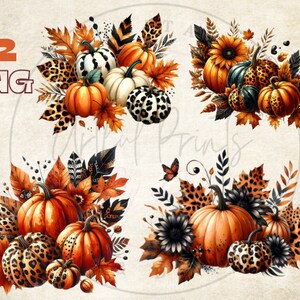 May include: A digital illustration of 12 fall-themed pumpkins with leopard print, leaves, and flowers. The pumpkins are in various shades of orange, brown, and white.