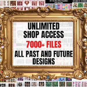 Paquete completo de la tienda, más de 7000 archivos y acceso ilimitado de por vida a diseños pasados y futuros, imágenes prediseñadas, envoltorios para vasos y tazas, y mucho más.