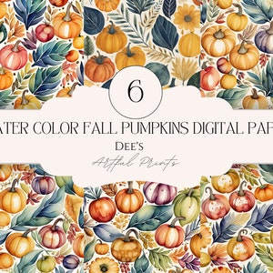 Può includere: Sei carte digitali con un motivo ad acquerello di zucche, foglie e fiori in tonalità di arancione, giallo, verde e blu. Il testo "WATER COLOR FALL PUMPKINS DIGITAL PAPER" e "DEE'S ARTful PRINTS" è incluso nell'immagine.