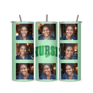 Puede incluir: Un vaso de acero inoxidable verde con un collage de fotos de una mujer sonriendo. El vaso tiene la palabra "NURSE" en letras verdes con un trébol.