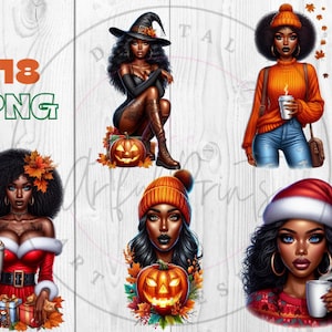 Seizoensgebonden Black Girl-clipart, herfst, Halloween en kerst Afro-Amerikaanse vrouwen, heksachtige graphics, mode meisje clipart, Curvy girl clipart