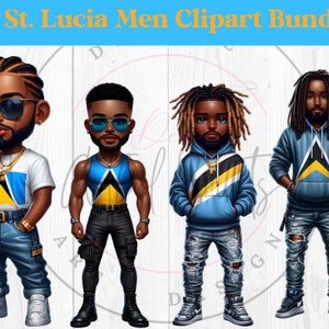 Pacote de clipart de homens de Santa Lúcia, homem luciano, bandeira caribenha, homem negro, papel artesanal de jornal de lixo, homens da ilha, bandeira de Santa Lúcia, homens negros