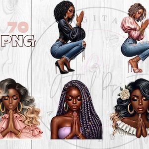 Christian woman, Black Girl Praying Clipart, png Bundle, African American women in Prayer, Planner Stickers, Faith Clipart, Sublimation PNG