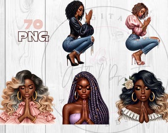 Christian woman, Black Girl Praying Clipart, png Bundle, African American women in Prayer, Planner Stickers, Faith Clipart, Sublimation PNG