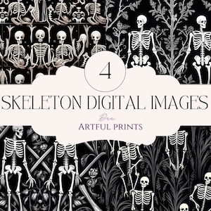 Watercolor Halloween Black and White Skeleton digital pattern