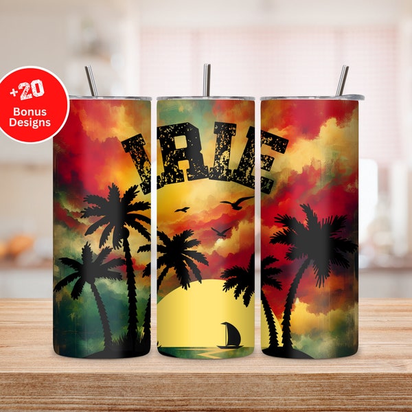 Irie Rasta 20oz skinny tumbler wrap, Caribbean life png, rasta colors tumbler sublimation file, beach sunset png