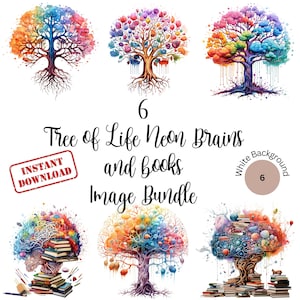 May include: A set of six digital images featuring a colorful tree of life design with a brain and books. The images are available for instant download. The text "6 Tree of Life Neon Brains and books Image Bundle" is displayed on a white background.